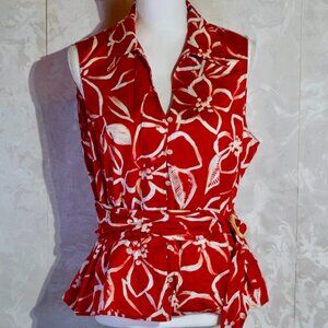 Jones New York Women's XL Red White Floral Print Sleeveless Faux Wrap Blouse Top